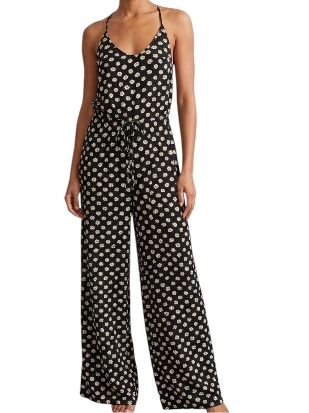 Peach Daisy Slip Jumpsuit Black White Wide-Leg Drawstring Jumpsuit Size S